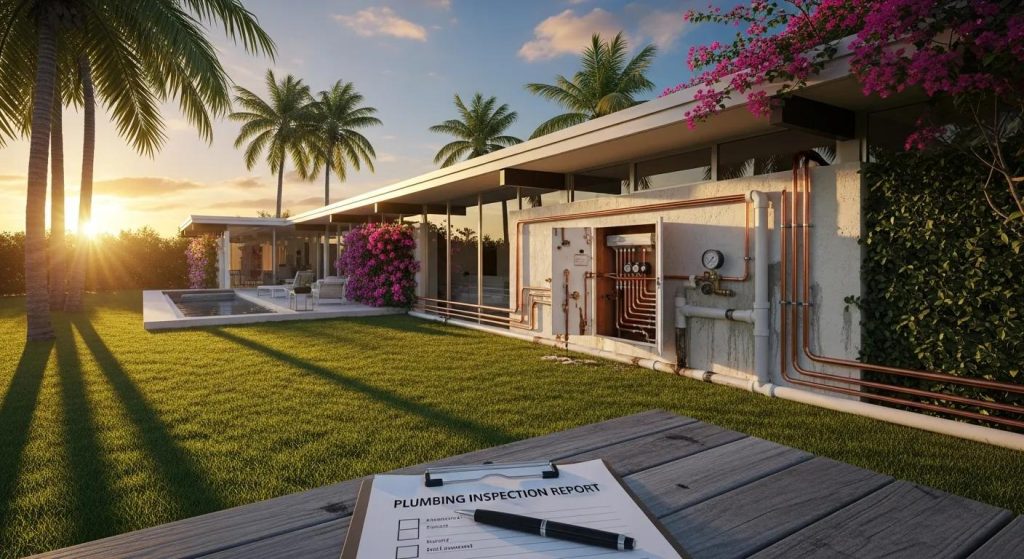 Miami home with visible plumbing elements in a tropical setting, highlighting the importance of plumbing inspections