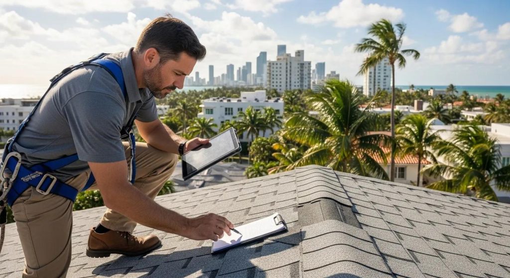 Professional inspecting a residential roof in Miami, emphasizing the importance of thorough roof inspections