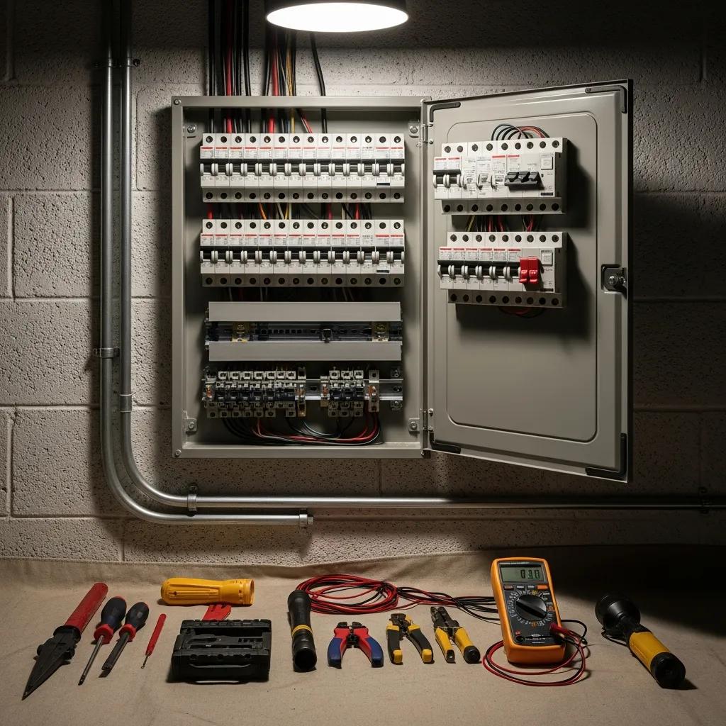 Circuit breaker panel showing potential issues during inspection
