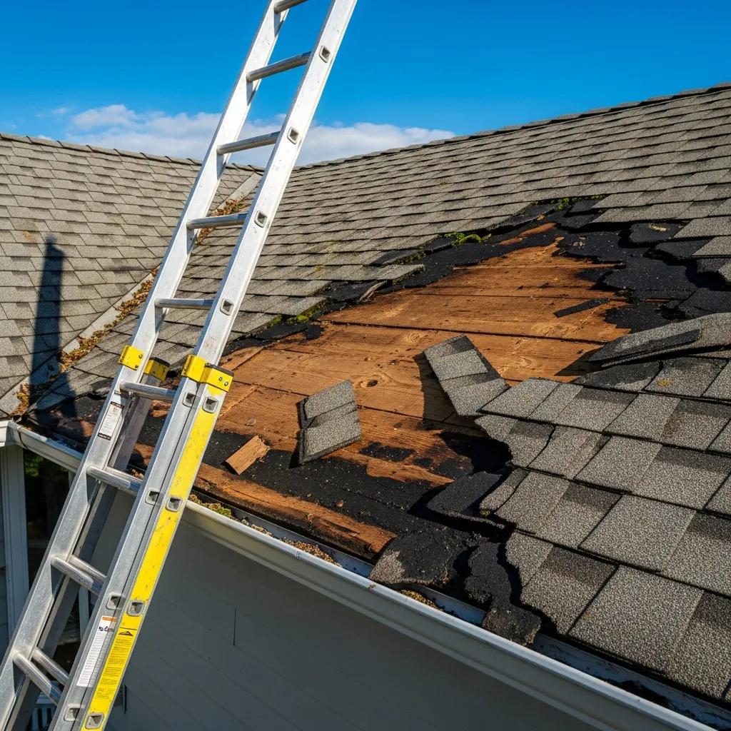Close-up of a roof with missing shingles and granule loss indicating repair needs