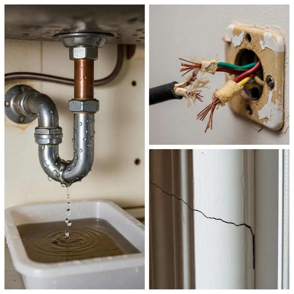 Close-up of common home inspection issues including a leaky pipe and electrical wiring