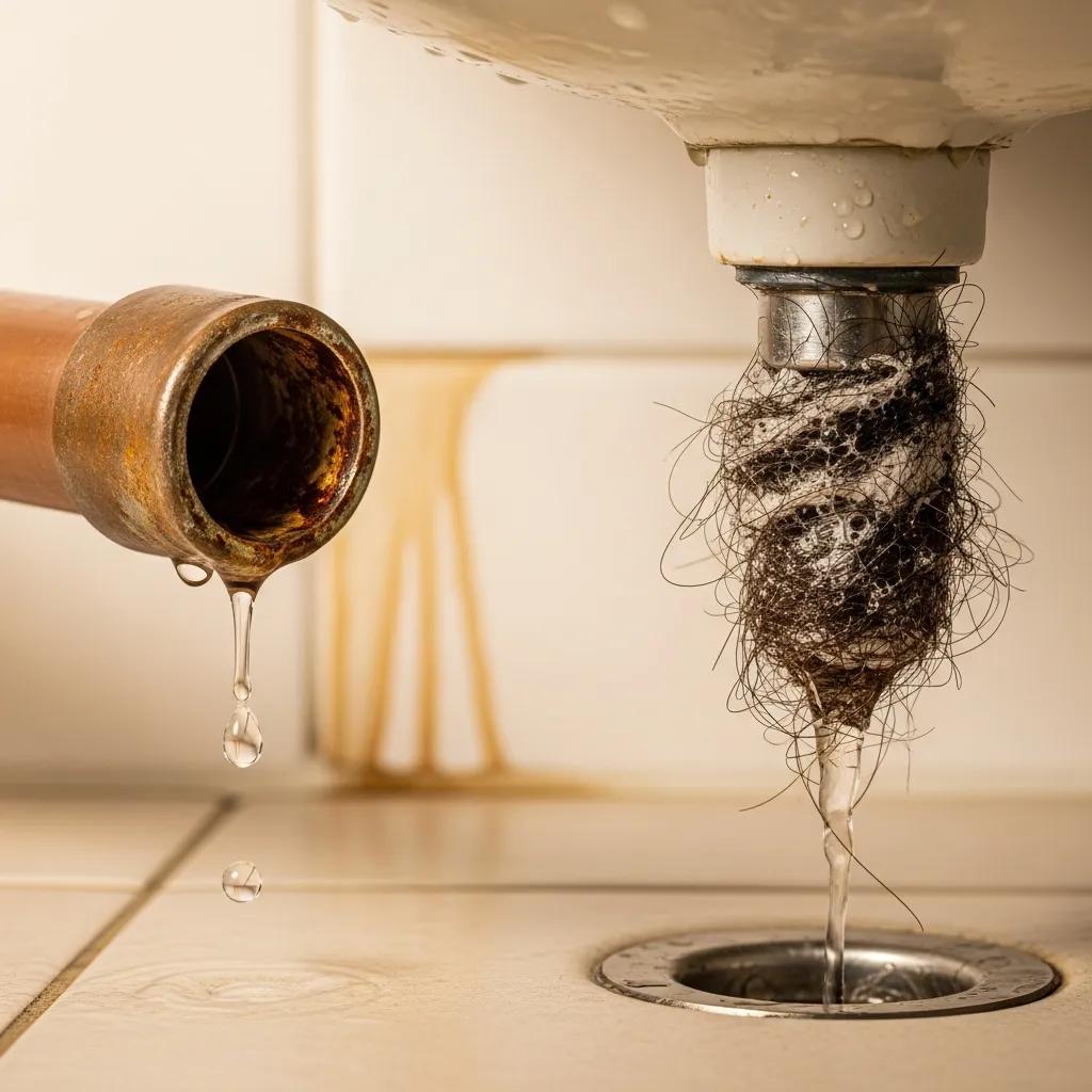 Close-up of common plumbing issues in Miami homes, including a leaking pipe and signs of corrosion