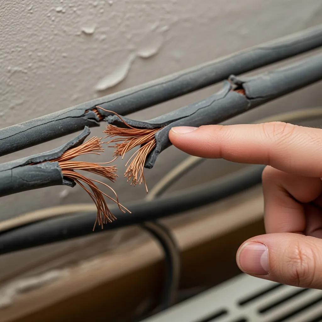 Close-up of frayed electrical wiring indicating damage