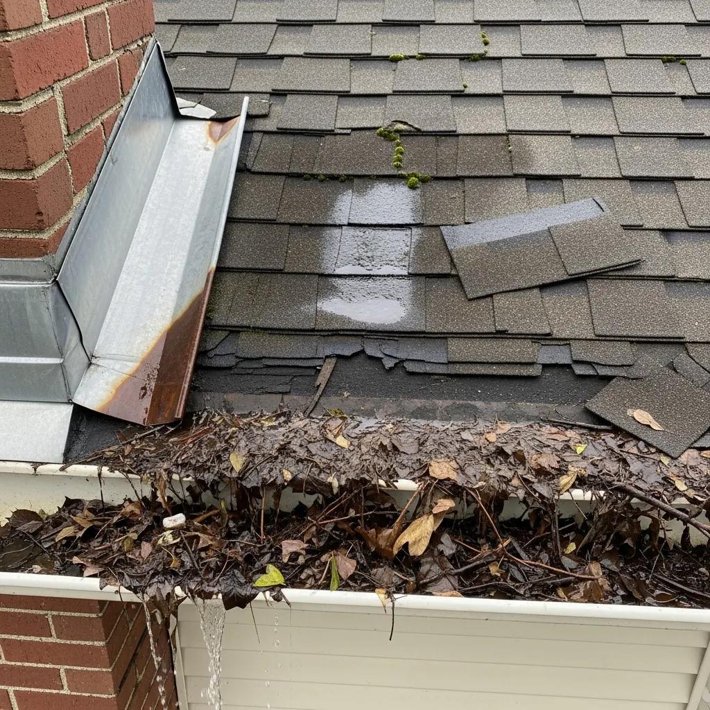 Close-up of various types of roof damage, highlighting hidden leaks, flashing issues, and gutter blockages