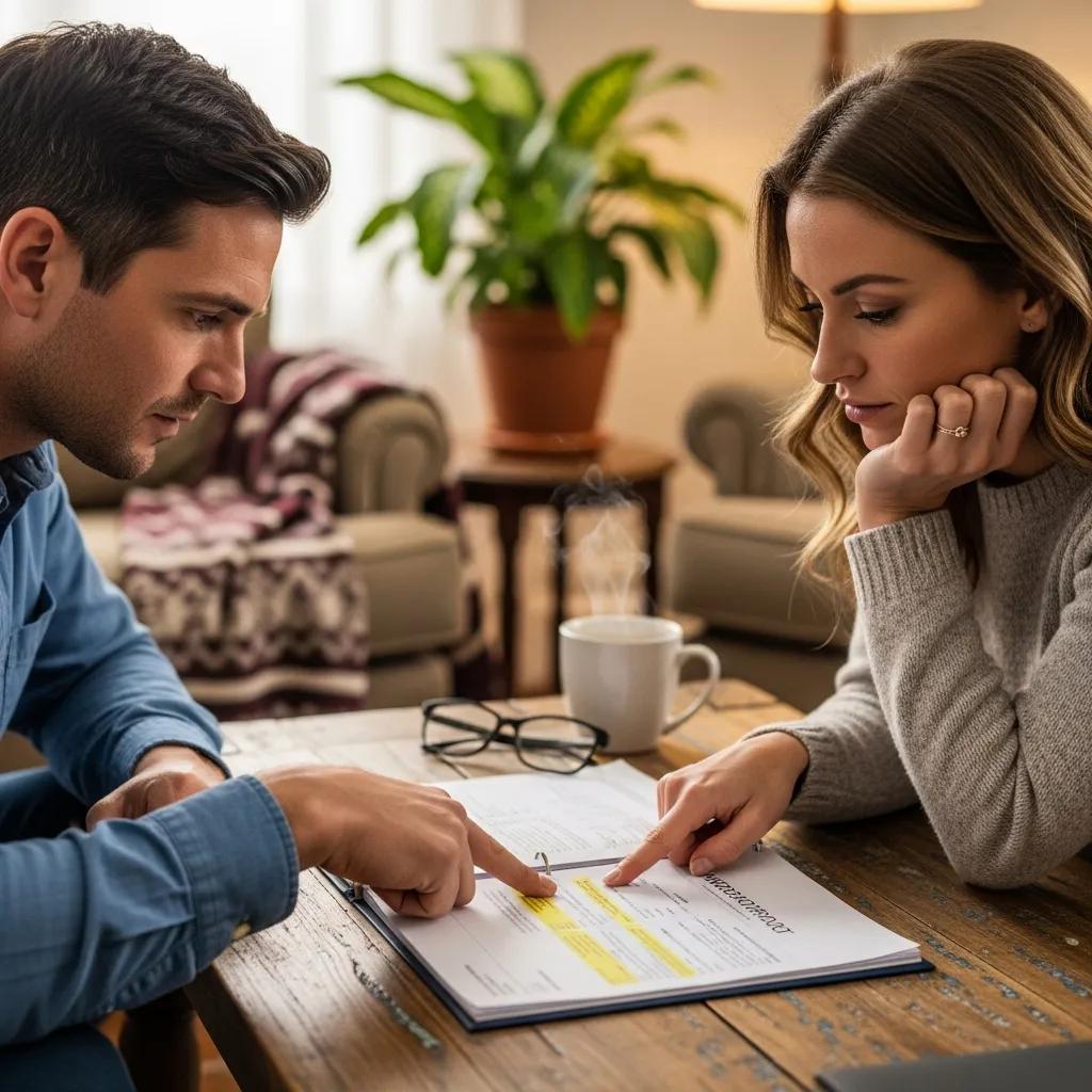 Couple reviewing a home inspection report in a cozy living room