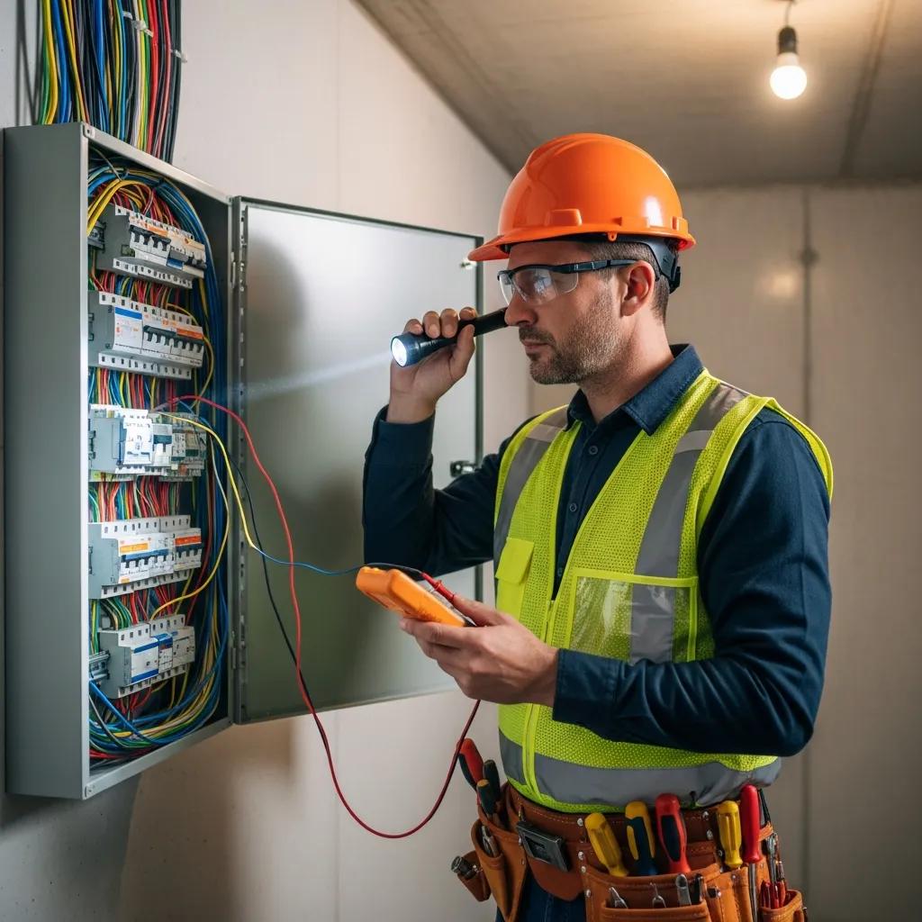 Electrician inspecting electrical wiring during a home inspection