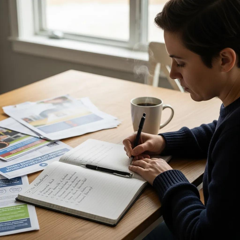 First-time home buyer preparing questions for a home inspection at a kitchen table