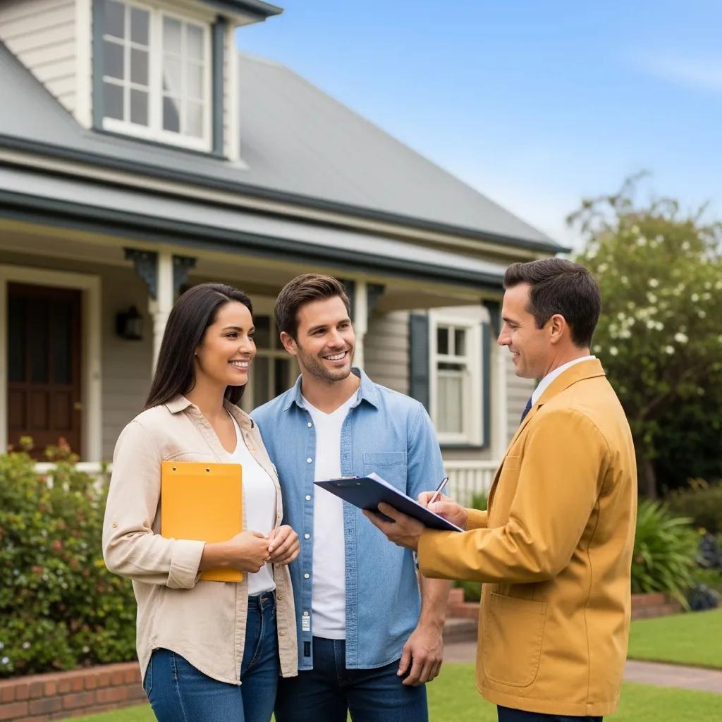 First-time home buyers consulting with a home inspector in front of a charming house