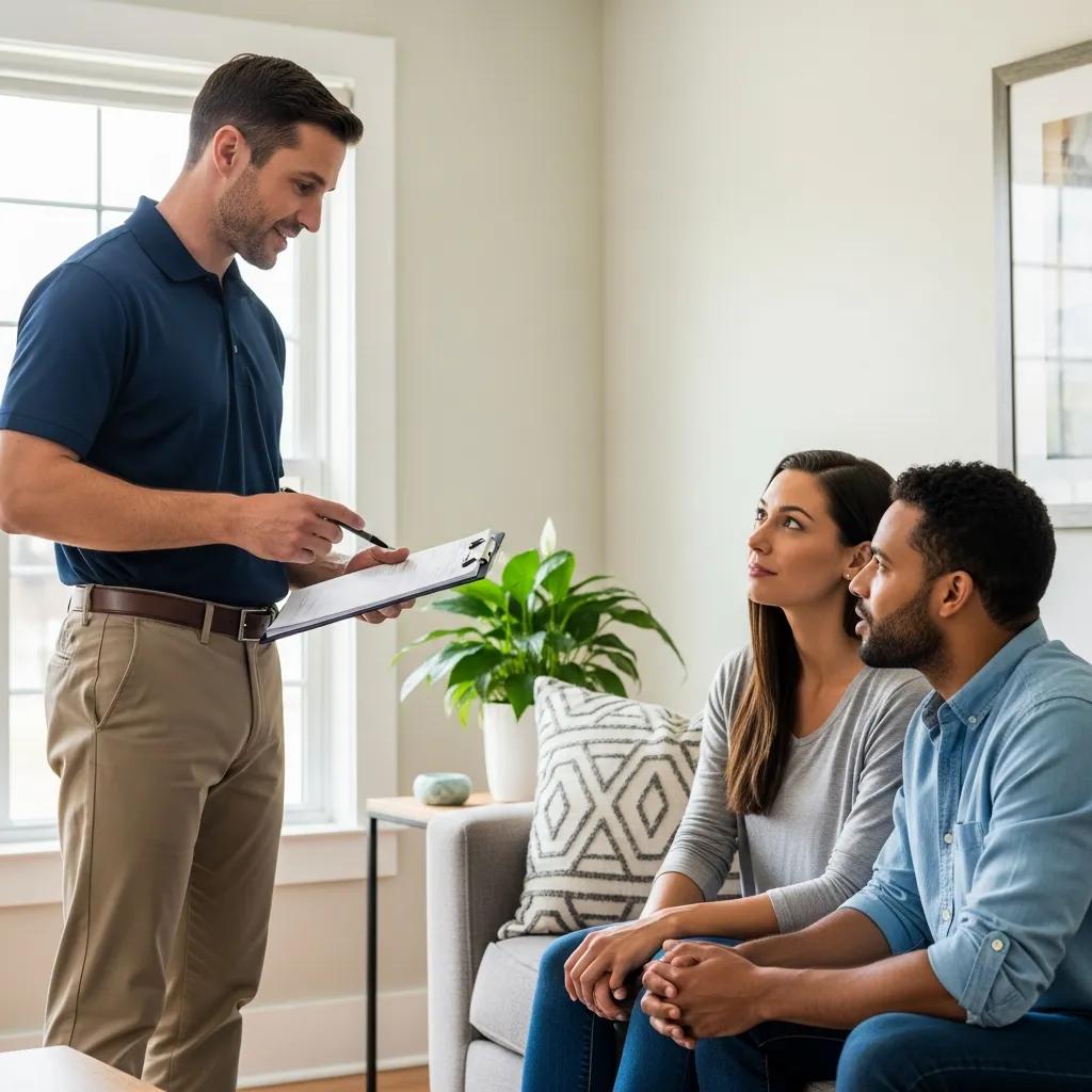 Home inspector discussing findings with a couple in a comfortable living room