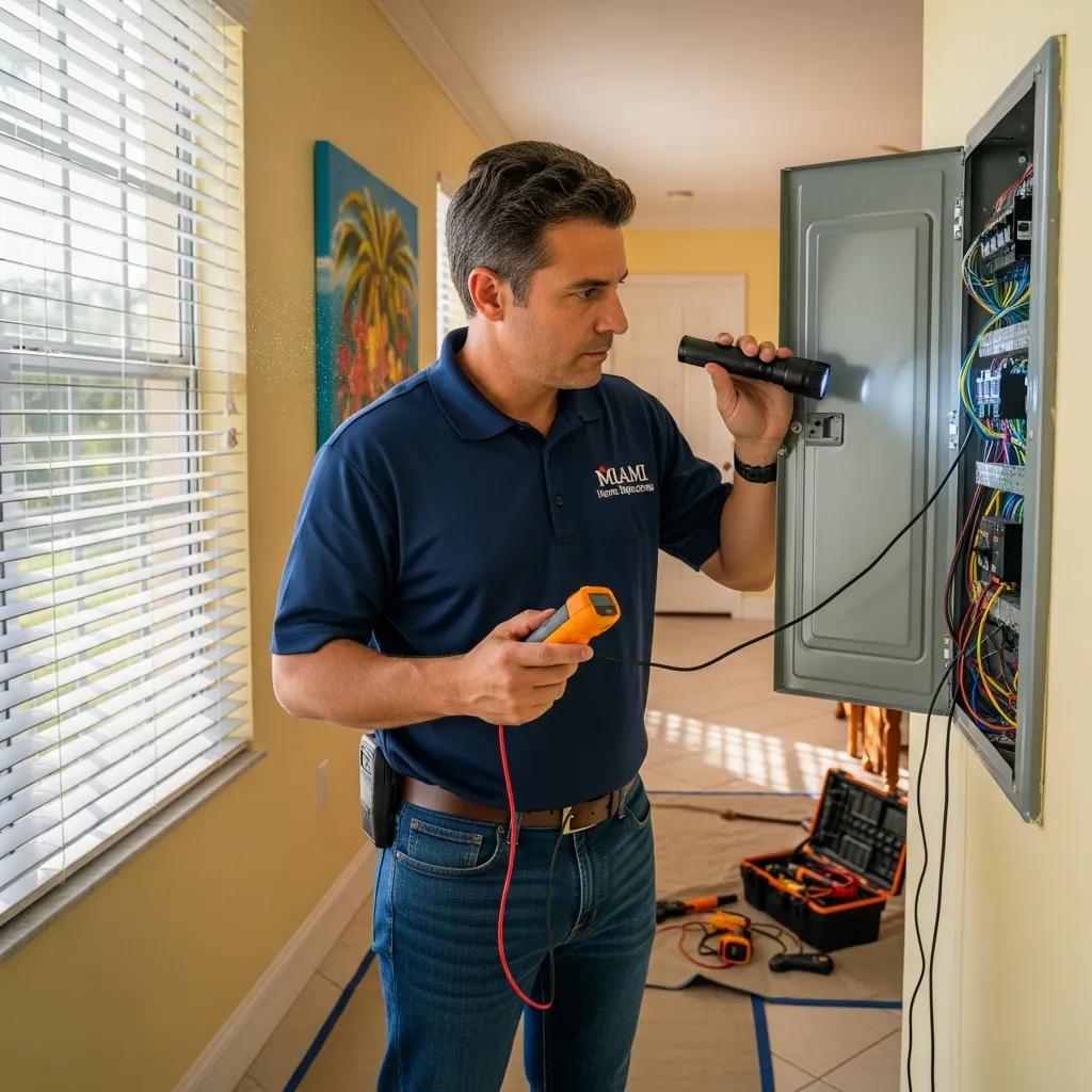 Home inspector examining an electrical panel in a Miami home