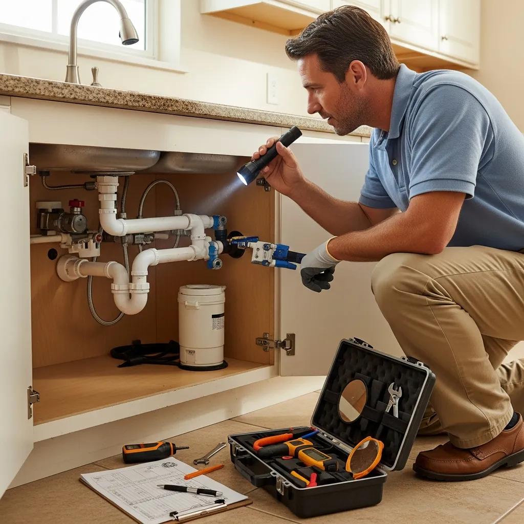 Home inspector examining plumbing fixtures in a Miami home, showcasing the inspection process