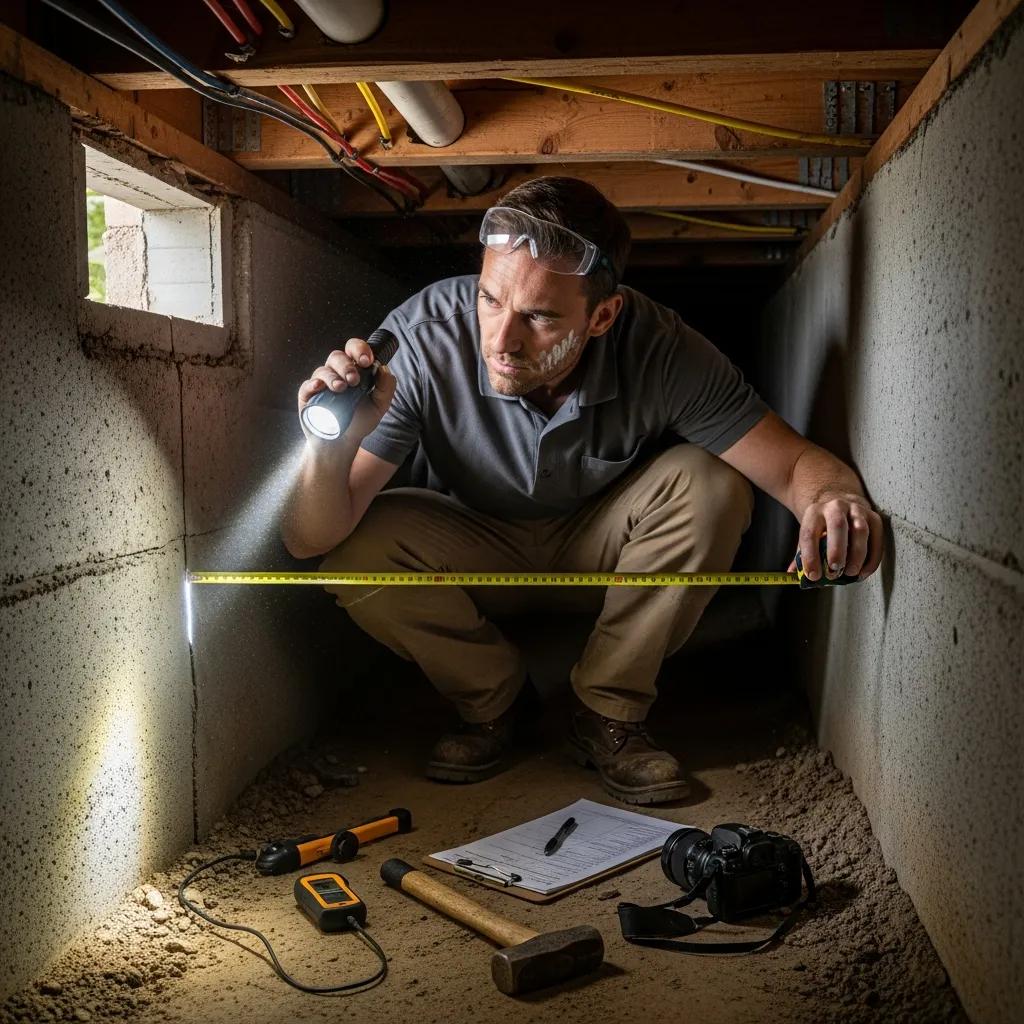 Home inspector examining the foundation of a house with tools