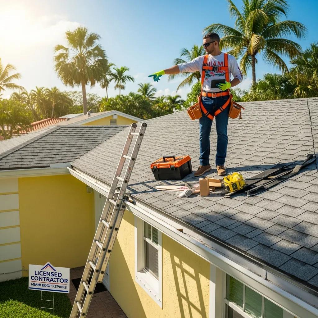 Miami home repair scene with contractor inspecting roof, highlighting post-inspection repair importance