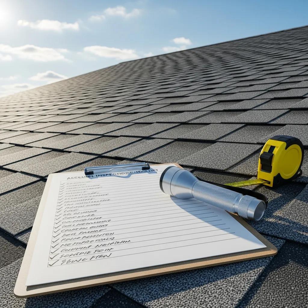 Roof inspection checklist on a clipboard with tools, emphasizing the importance of thorough inspections