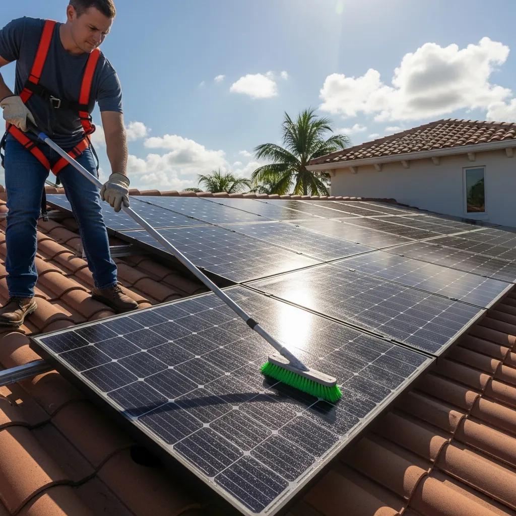 Technician maintaining solar panels on Miami home, illustrating solar energy's impact on repairs