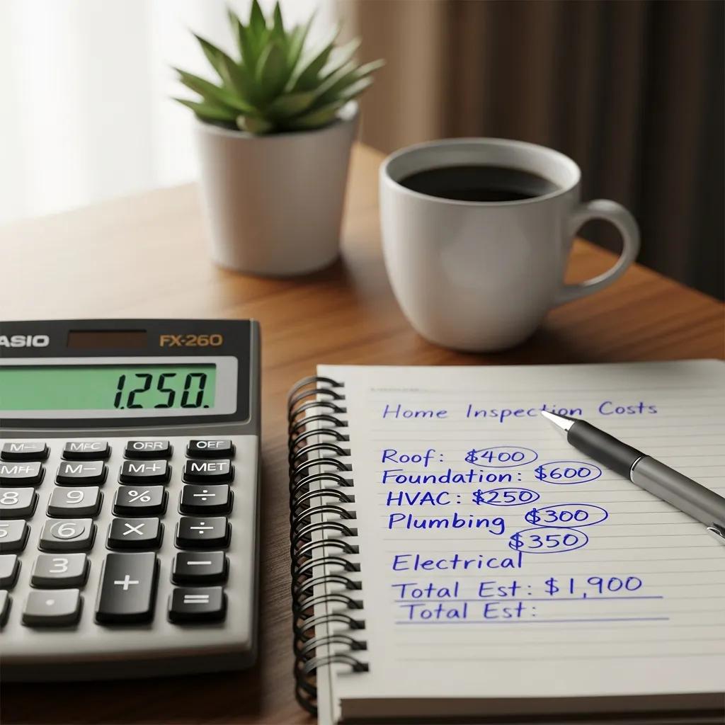 Calculator and notepad with home inspection cost notes, emphasizing budgeting for inspections