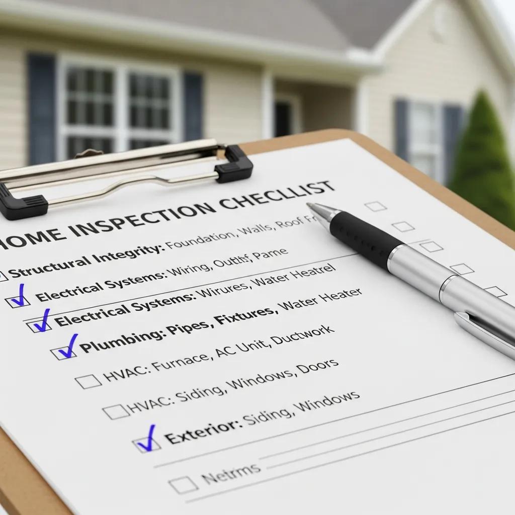 Close-up of a home inspection checklist highlighting essential evaluation areas for home buyers