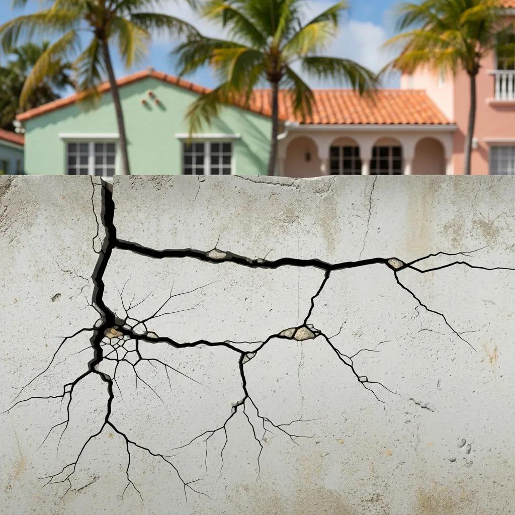 Close-up of foundation wall showing various types of cracks: vertical, horizontal, and diagonal