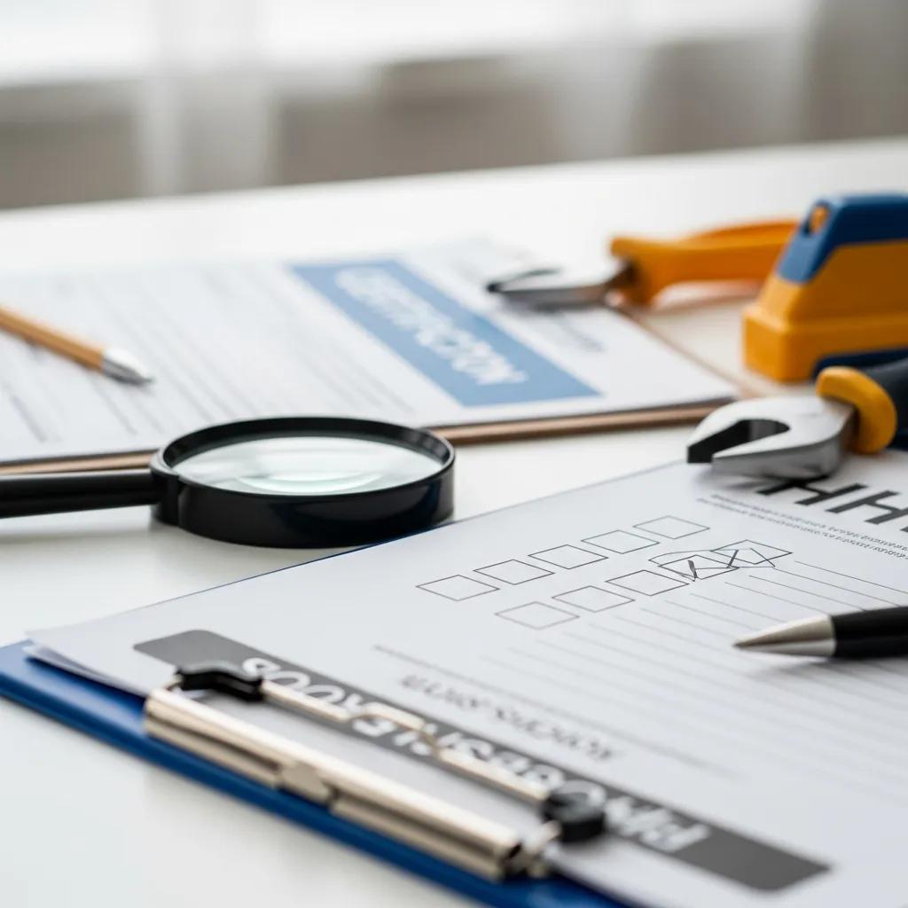 Close-up of home inspection certification documents and tools, highlighting the qualifications of inspectors