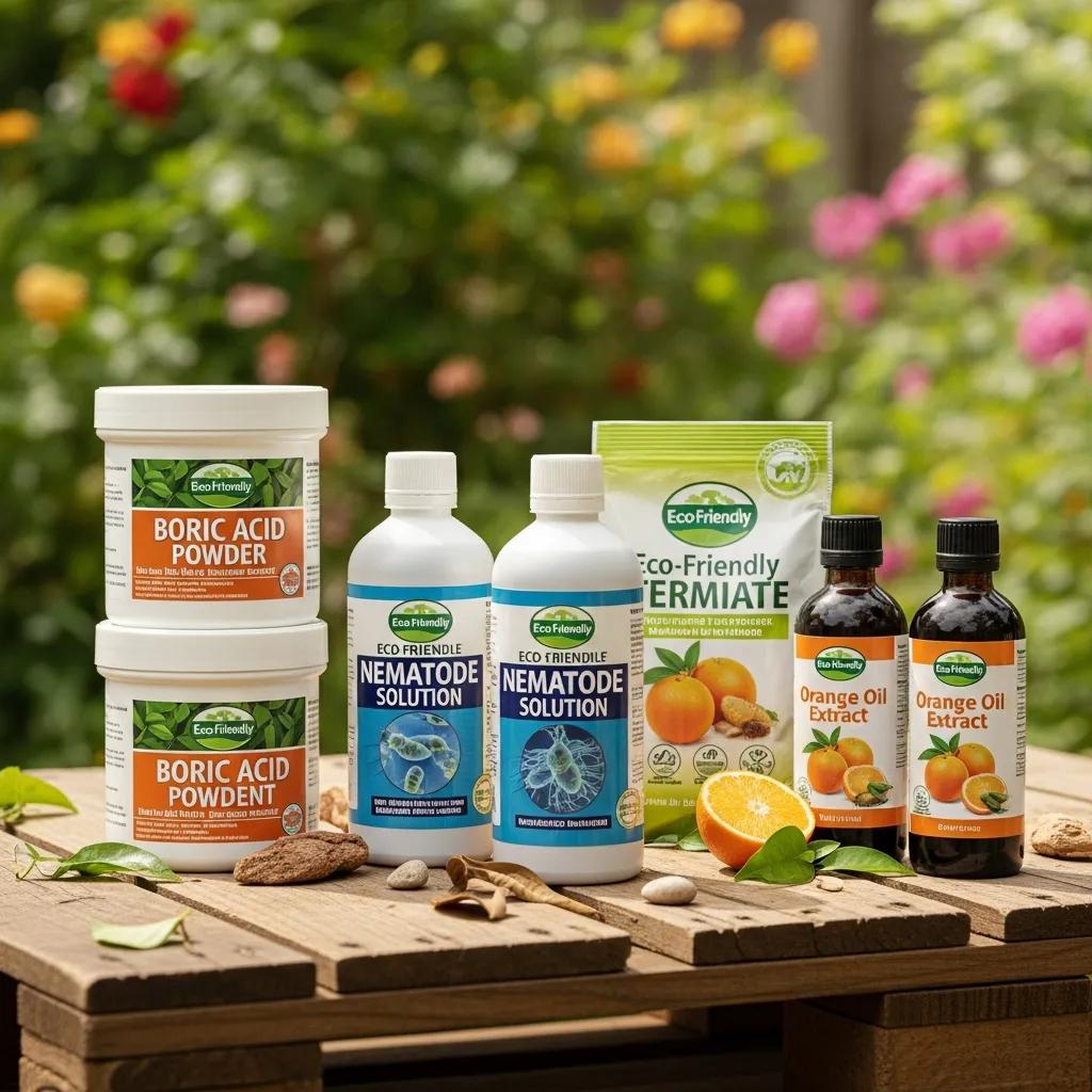 Eco-friendly termite treatment products displayed on a wooden table