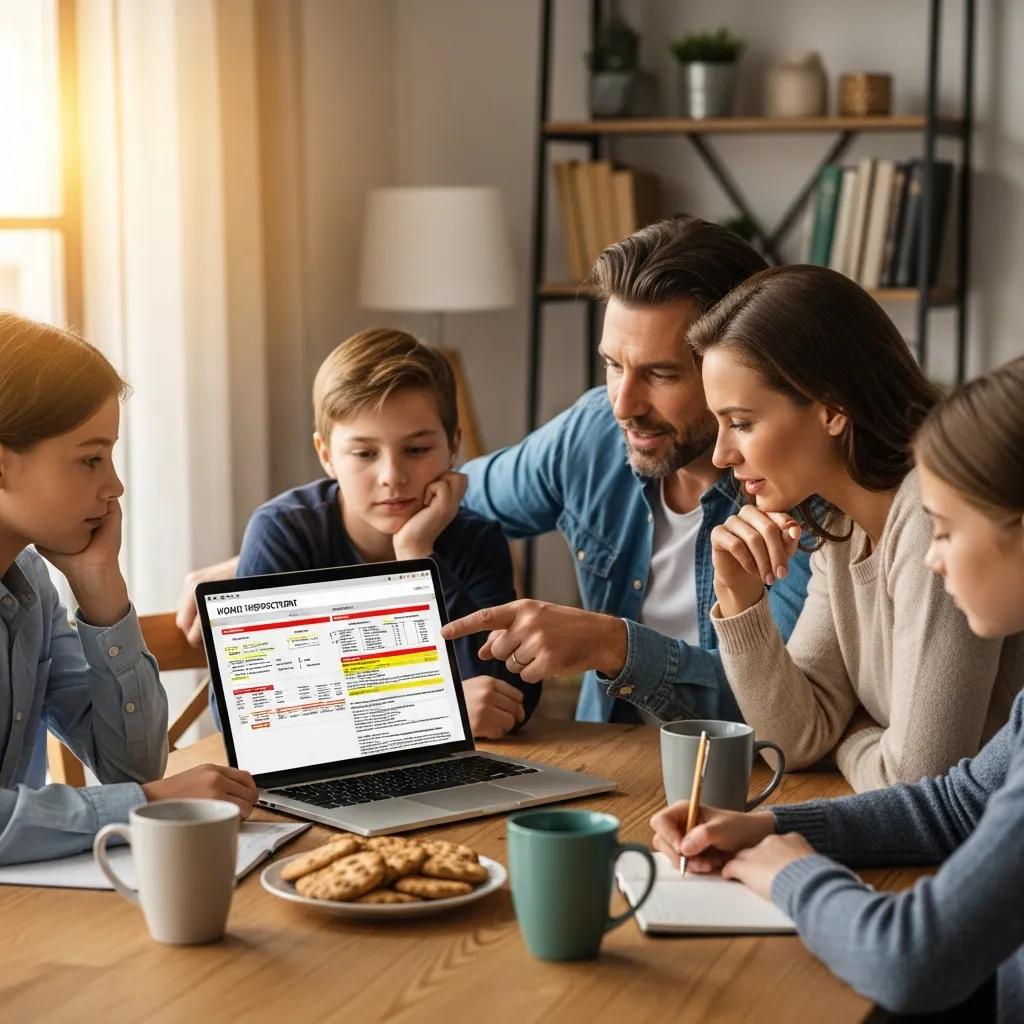 Family discussing home inspection findings around a dining table