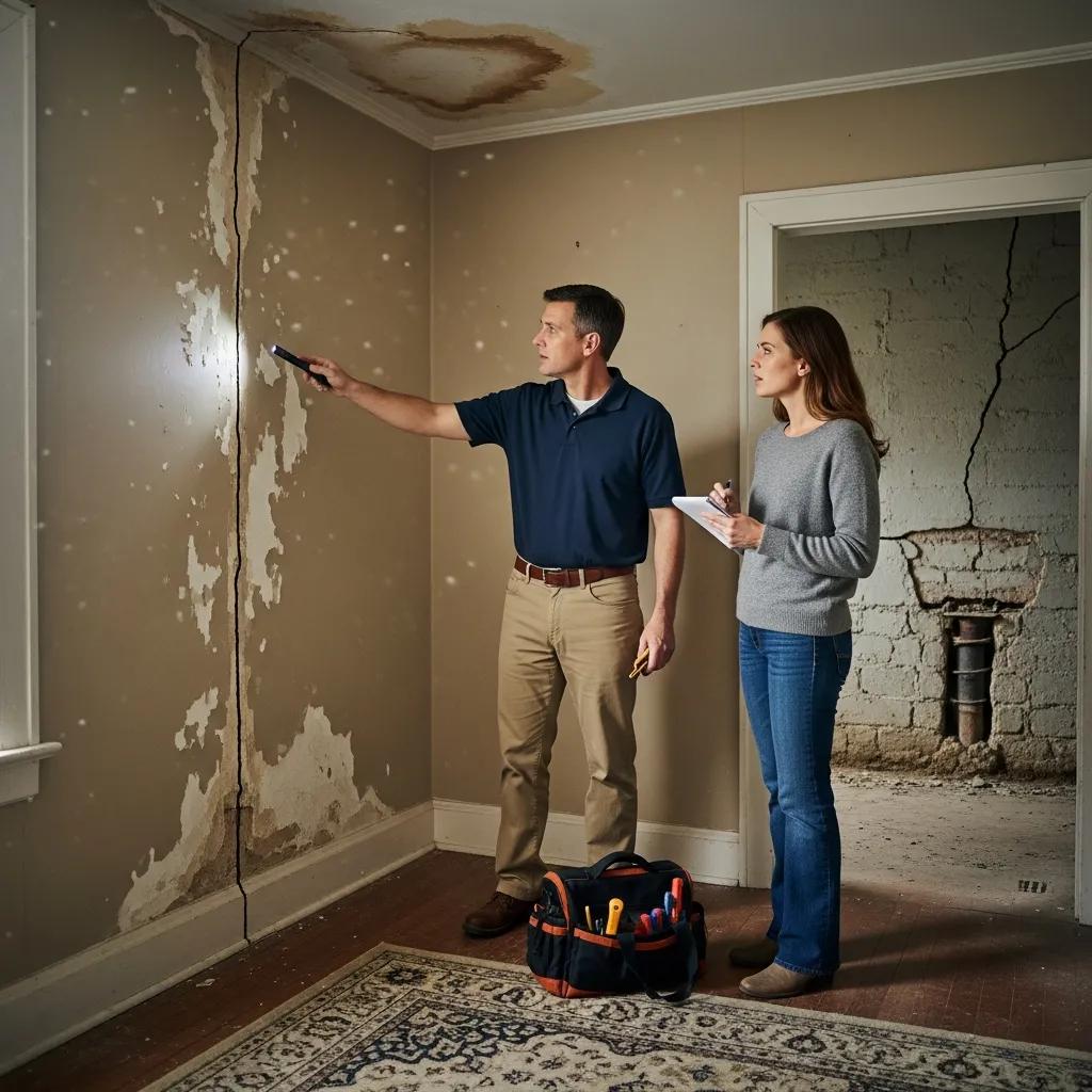 Home inspector discussing common structural issues with a homeowner, illustrating key inspection concerns