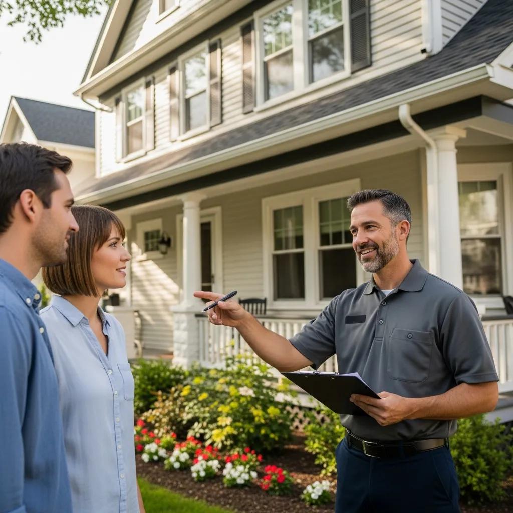 Home inspector engaging with clients outside a house, representing the importance of choosing the right home inspector