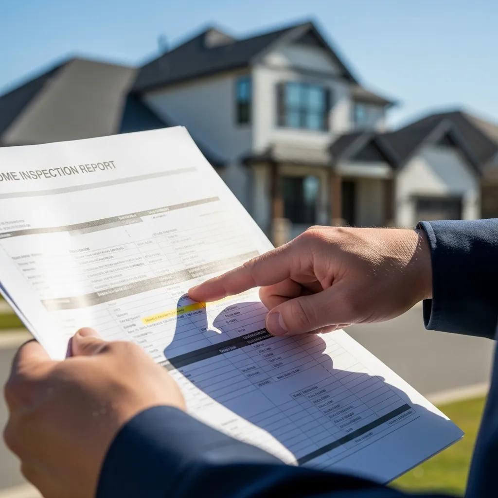 Home inspector reviewing an inspection report with a house in the background