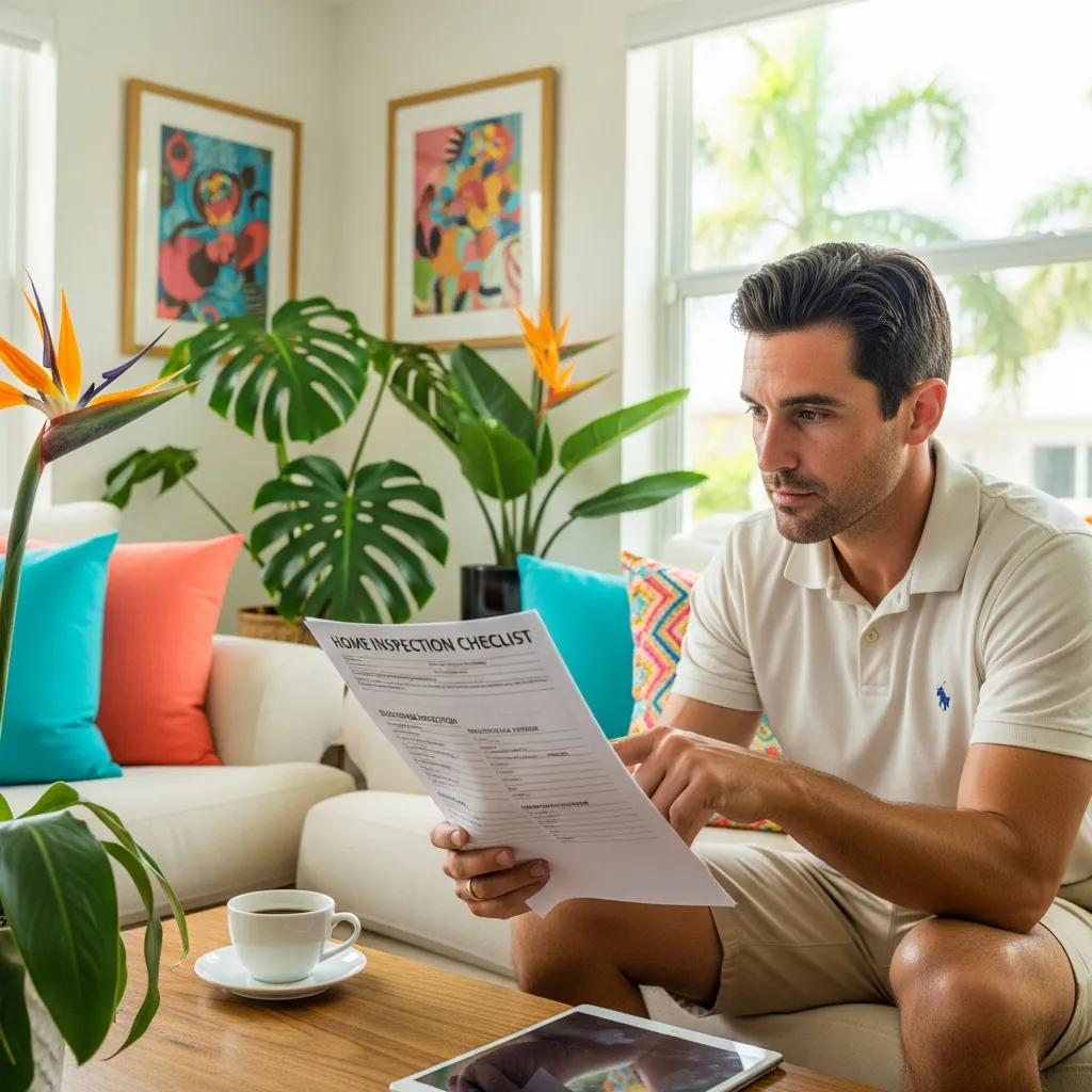 Homebuyer reviewing a home inspection checklist in a Miami living room