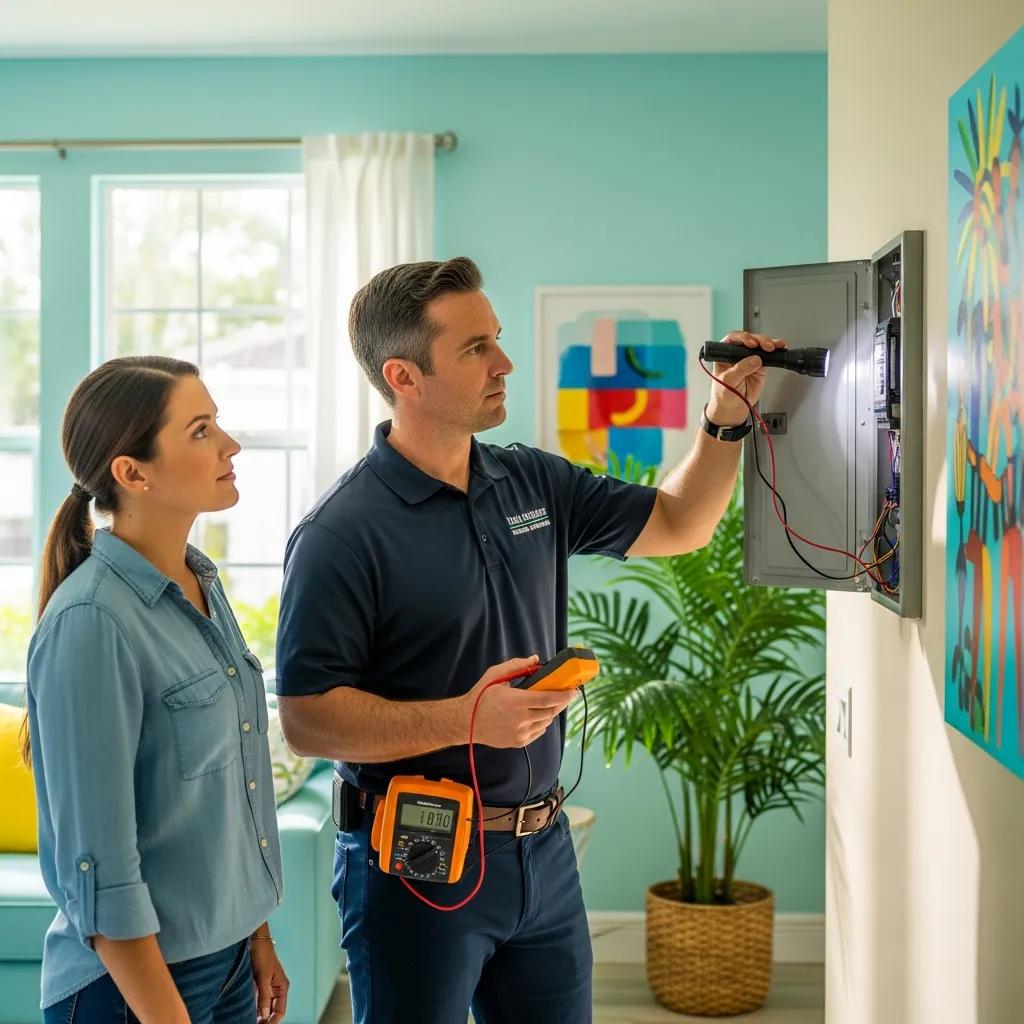 Licensed home inspector evaluating an electrical panel in a Miami home