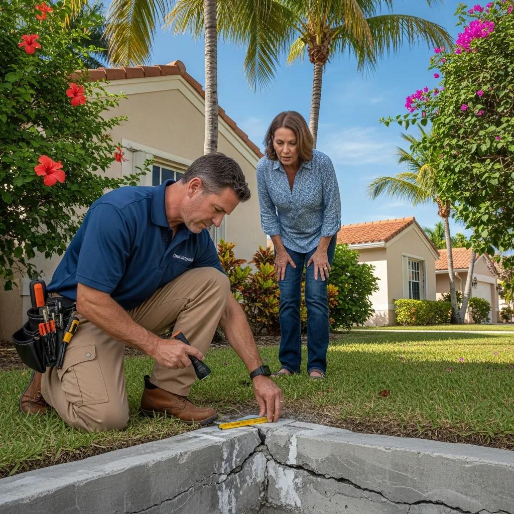 Professional inspector examining a foundation of a Miami home during an inspection