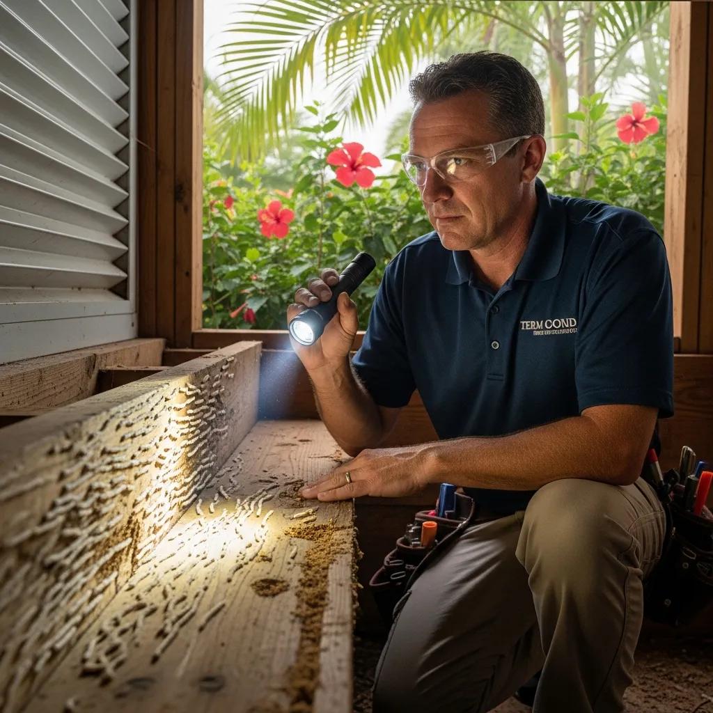Termite inspector examining wood for signs of infestation in a Miami home