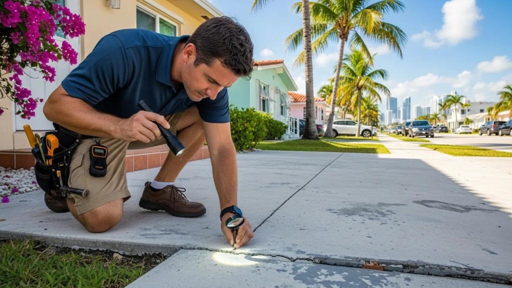 Home inspector evaluating the foundation of a Miami house, focusing on structural integrity