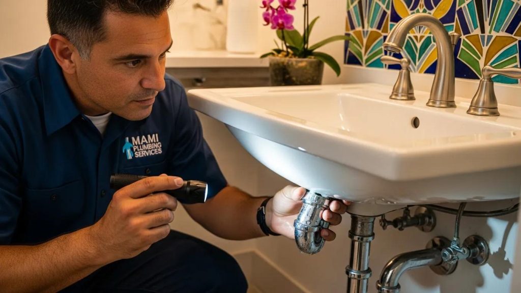 Plumber inspecting pipes under a sink in a Miami home, focusing on plumbing functionality and leak checks
