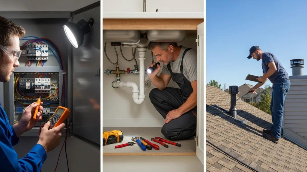 Collage of home inspection services showcasing electrical, plumbing, and roofing evaluations