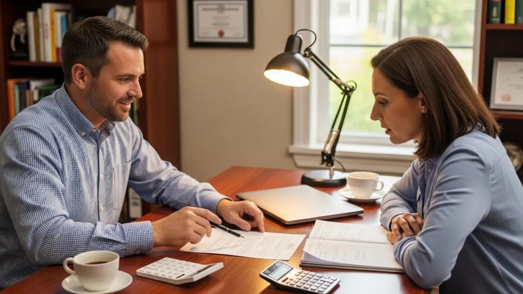 Homeowner discussing inspection costs with a certified inspector in a professional setting