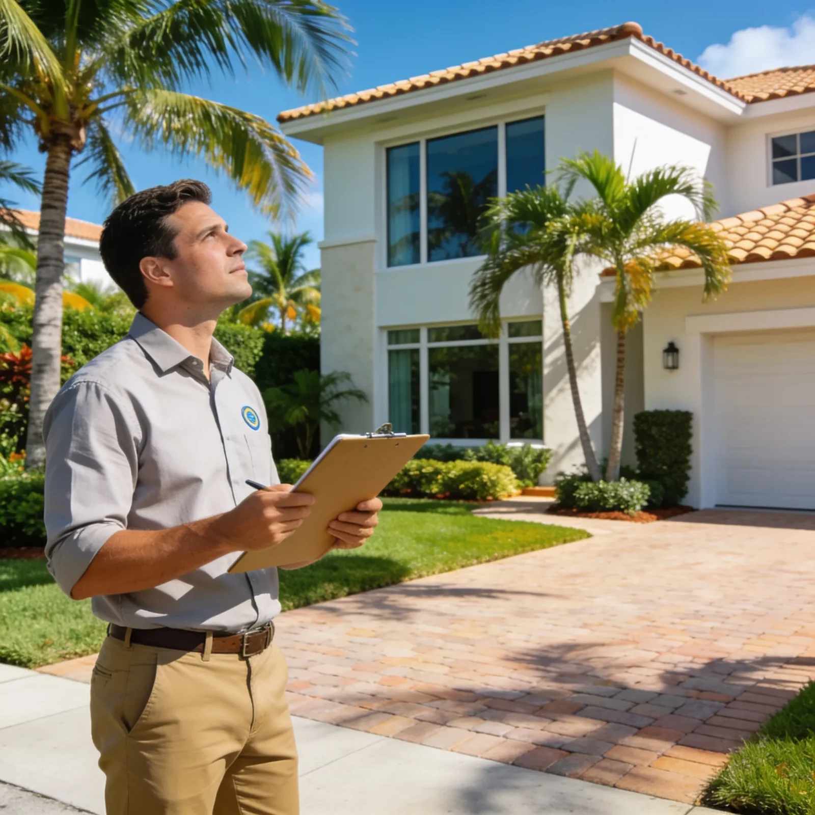 Miami home inspector examining a property exterior in humid subtropical climate