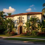 historic Miami Shores Mediterranean Revival home with tree-lined street and vintage architecture