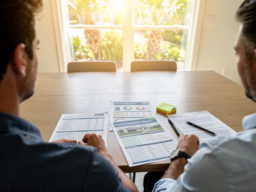 home buyer and real estate agent reviewing certified inspection report during Miami Shores property transaction